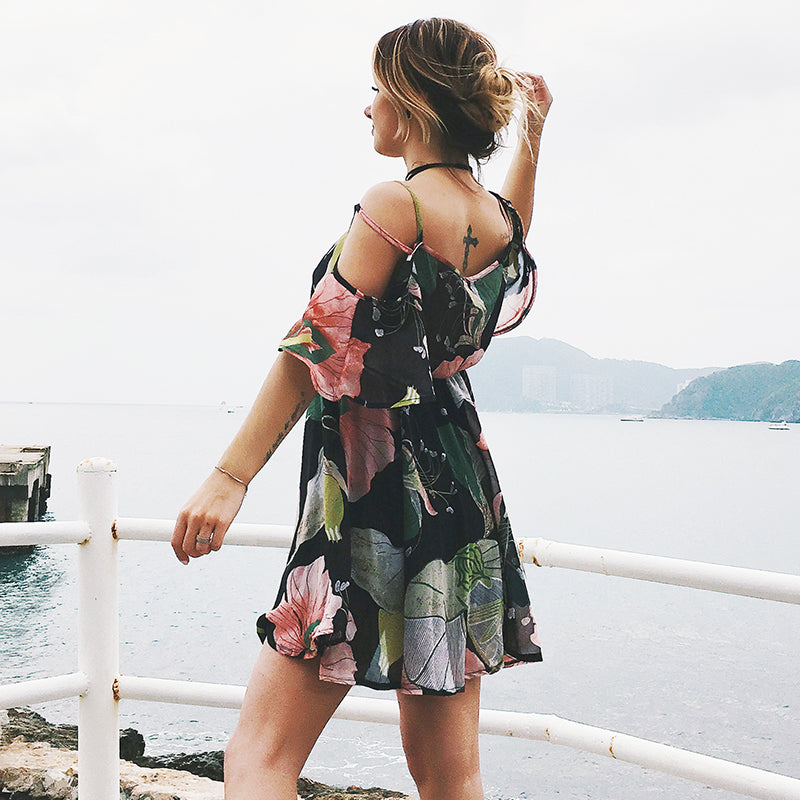 USA SIZE Europe and the United States large size V-neck off-the-shoulder dress skirt print waist ruffled chiffon dress beach skirt