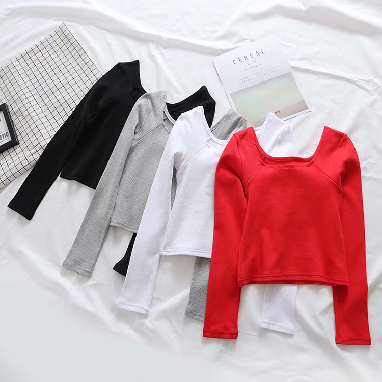 European and American style fashion versatile long-sleeved umbilical high waist thread slim solid color cotton T-shirt