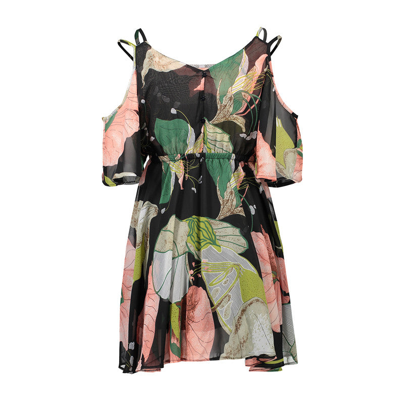 USA SIZE Europe and the United States large size V-neck off-the-shoulder dress skirt print waist ruffled chiffon dress beach skirt