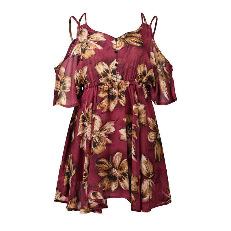 USA SIZE Europe and the United States large size V-neck off-the-shoulder dress skirt print waist ruffled chiffon dress beach skirt