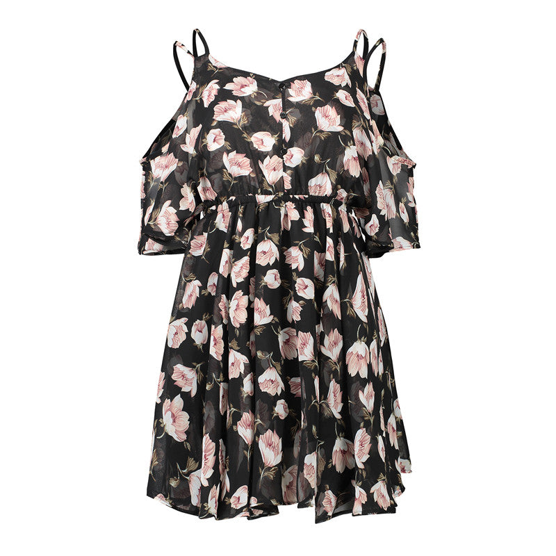 USA SIZE Europe and the United States large size V-neck off-the-shoulder dress skirt print waist ruffled chiffon dress beach skirt