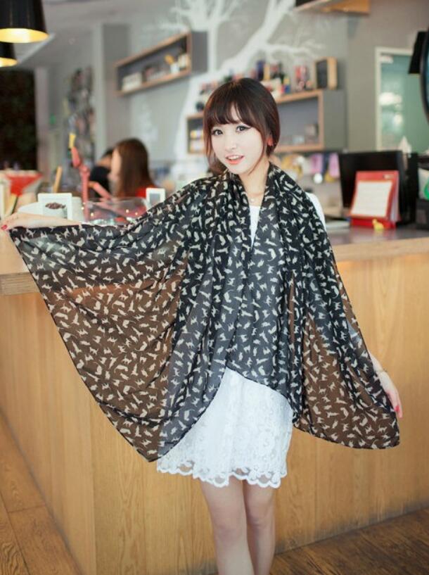Fashion Chiffon Silk Printed Colorful Cartoon Cat Kitten Graffiti Scarf