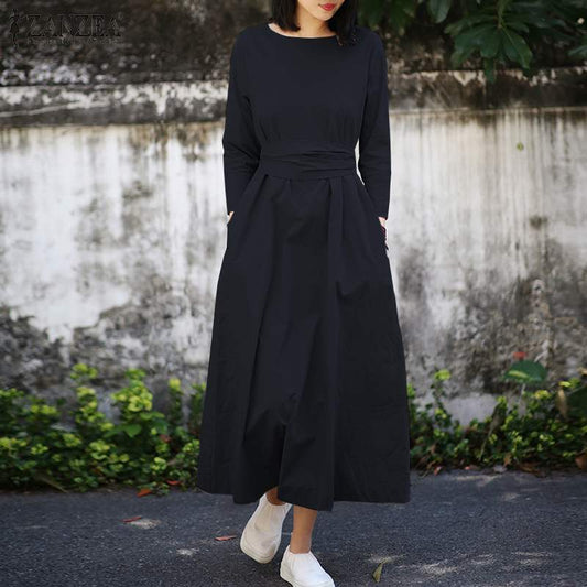 Ladies Pocket Long Sleeve Lace Up Maxi Dress