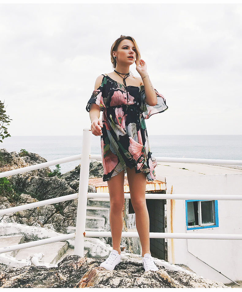 USA SIZE Europe and the United States large size V-neck off-the-shoulder dress skirt print waist ruffled chiffon dress beach skirt