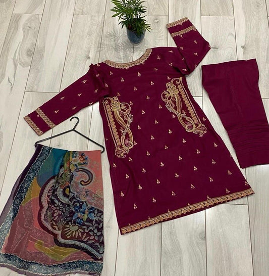 3 Piece Sapphire Suit With Chiffon Dupatta