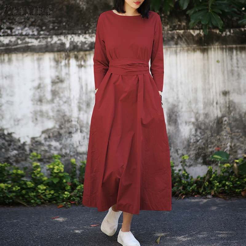 Ladies Pocket Long Sleeve Lace Up Maxi Dress